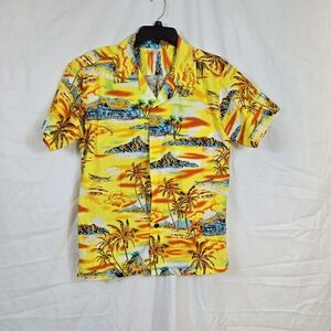 Palmwave Men's Aloha‎ Yellow Scenery Tropical Sunset Casual Hawaiian Shirt Small